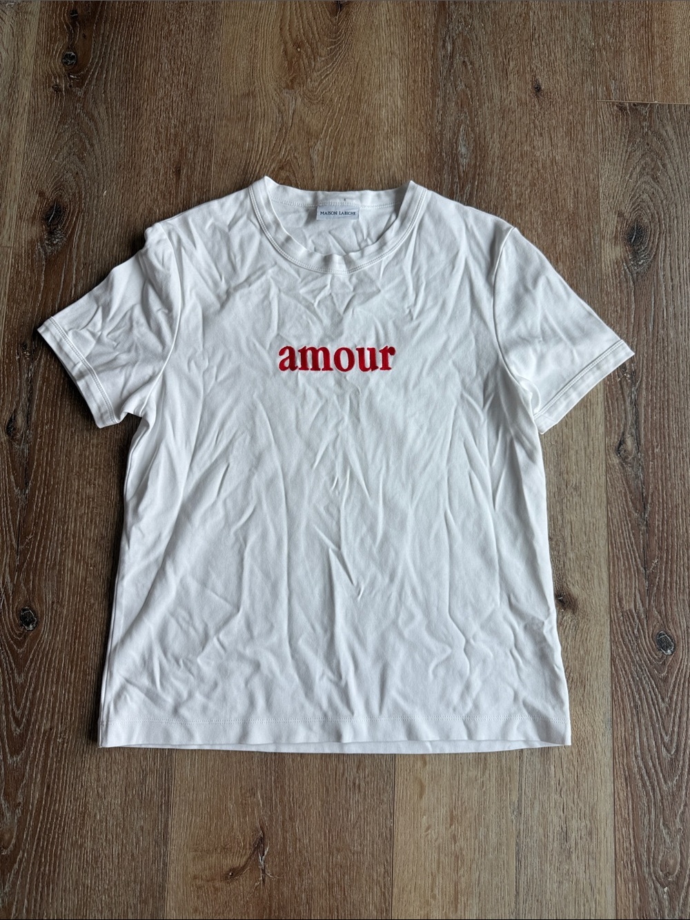 White 'Amour' Short Sleeve Tee with Red Embroidery